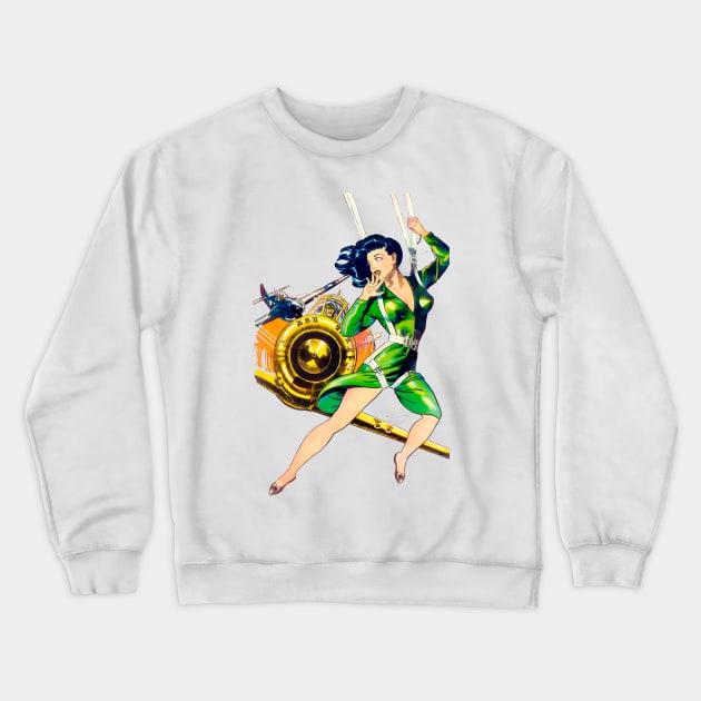 Pin Up Girl with Parachute Harness in the sky between Airplanes Retro Vintage Comic Book Crewneck Sweatshirt by REVISTANGO